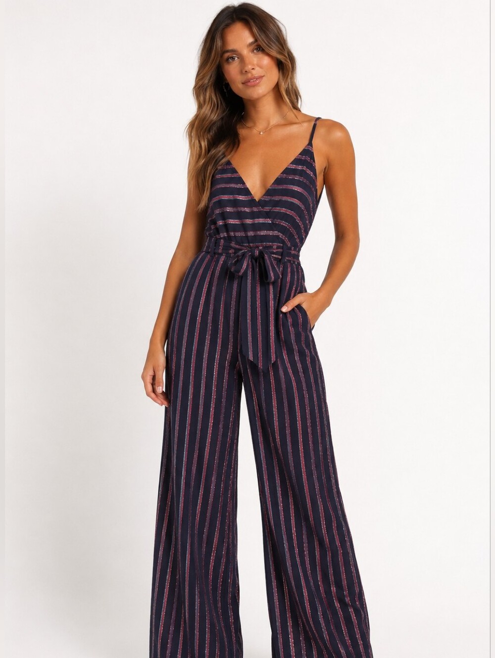 Vacate The Label NWT Metallic Stripe Wide Leg Tie Waist Jumpsuit XS